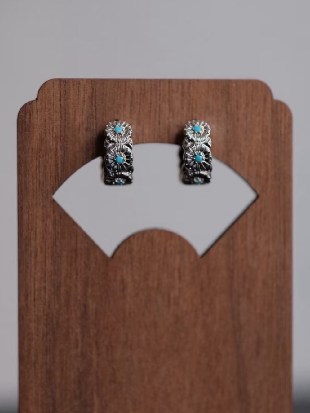 Silver Turquoise Floral Hoop Earrings - Unbranded